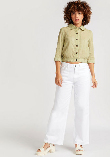 Embroidered Crop Shirt with 3/4 Sleeves and Semi-Elasticated Hem
