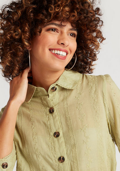 Embroidered Crop Shirt with 3/4 Sleeves and Semi-Elasticated Hem
