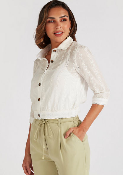 Schiffli Embroidered Collared Shirt with 3/4 Sleeves