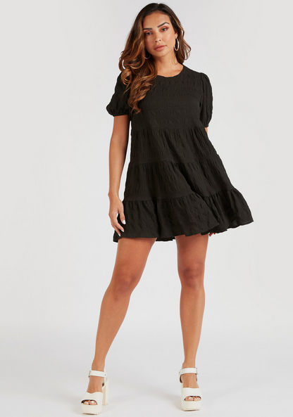 Textured Tiered Tunic with Round Neck and Puff Sleeves