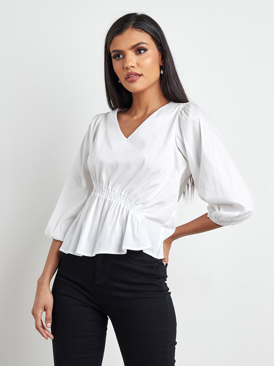 بلوزة سادة مزمومة بأكمام طويلة من ستايلي-women-clothing-shirtsandblouses-blouses-image-1