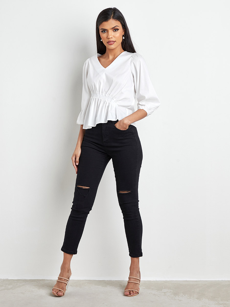 بلوزة سادة مزمومة بأكمام طويلة من ستايلي-women-clothing-shirtsandblouses-blouses-image-2