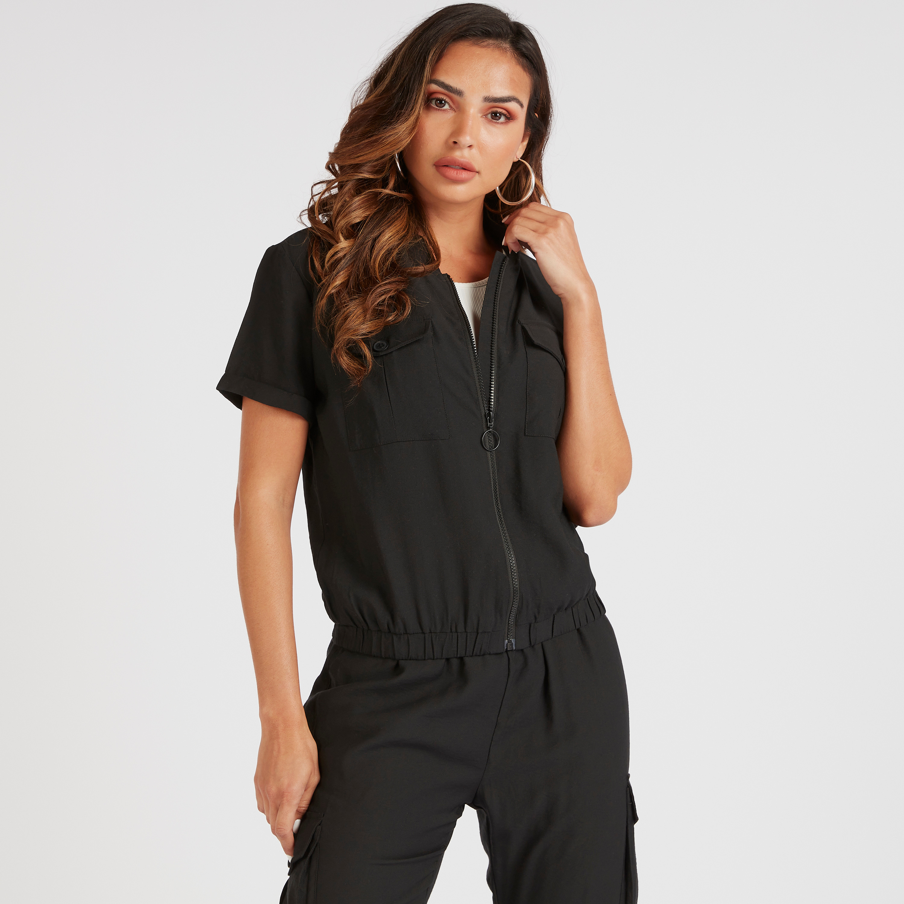 Solid Lightweight Zipper Jacket with Short Sleeves and Pockets-women-winterwear-coatsandjackets-jackets-image-1