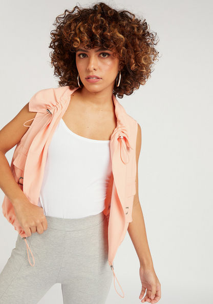 Solid Sleeveless Jacket with Pockets and Drawstring Detail
