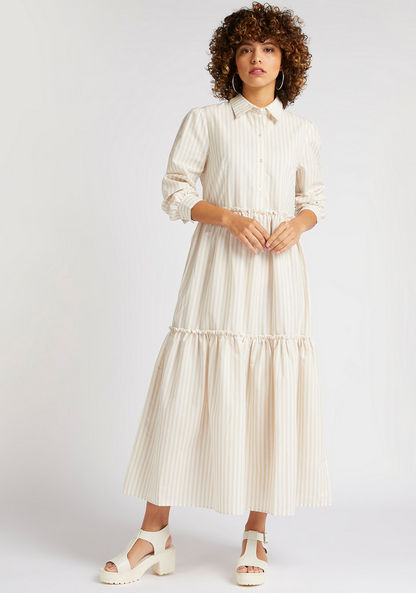 Striped A-line Shirt Dress with Tiered Detail and Long Sleeves
