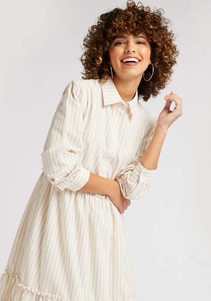 Striped A-line Shirt Dress with Tiered Detail and Long Sleeves