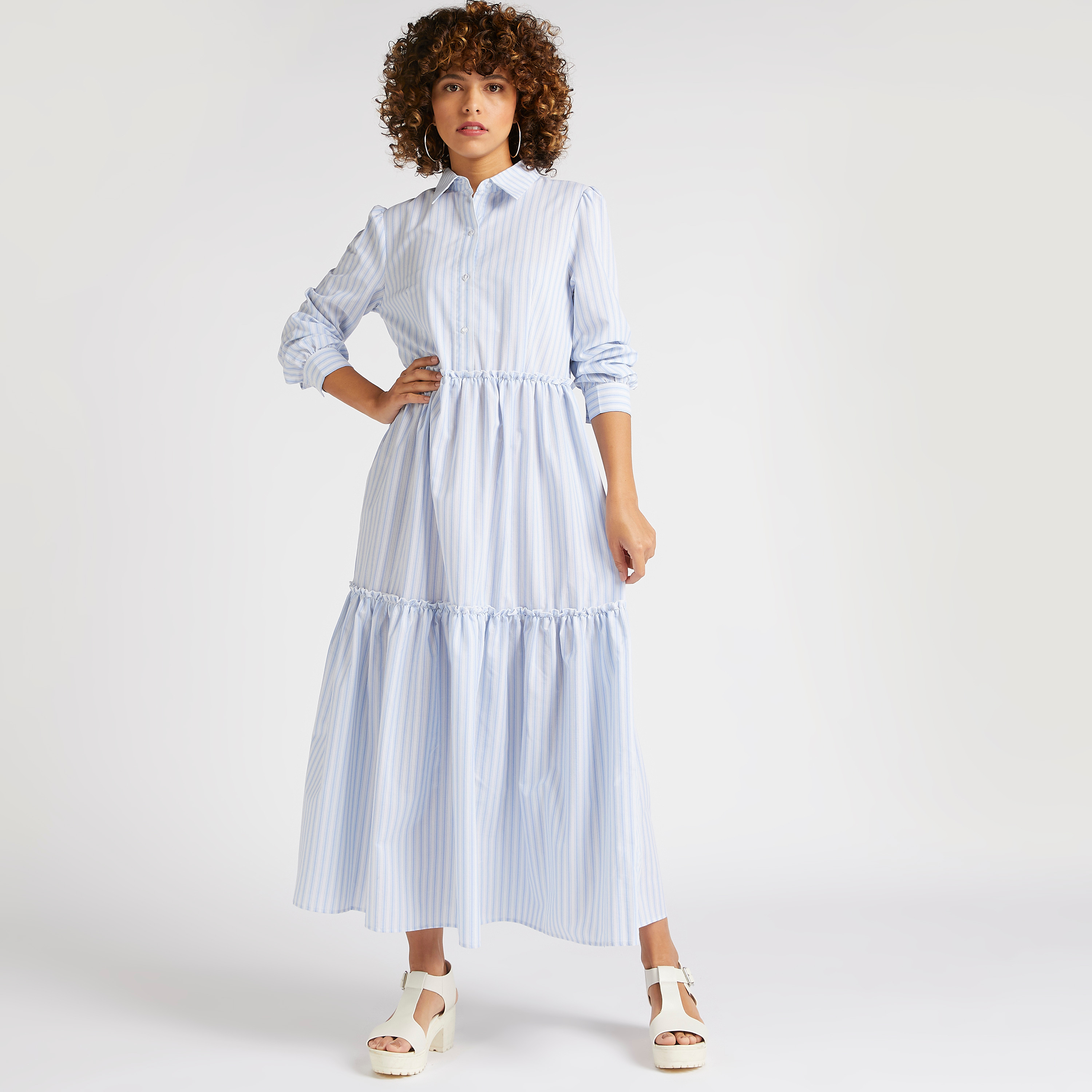 Buy Women s Striped Maxi A line Shirt Dress with Tiered Detail and Long Sleeves Online Centrepoint Bahrain