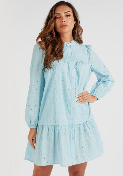 Schiffli Embroidered Mini Shirt Dress with Long Sleeves