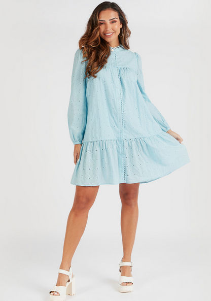 Schiffli Embroidered Mini Shirt Dress with Long Sleeves
