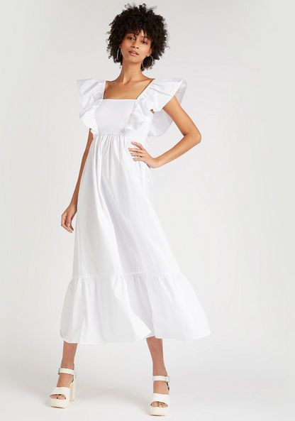 Solid Midi A-line Dress with Flared Sleeves