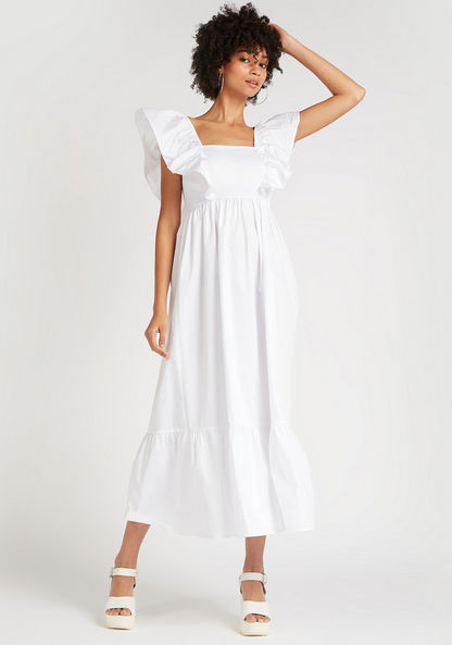 Solid Midi A-line Dress with Flared Sleeves