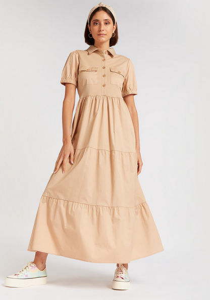 Solid Maxi A-line Dress with Collar and Puff Sleeves