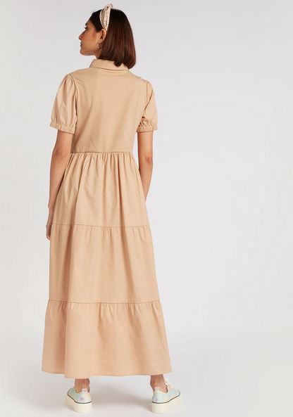Solid Maxi A-line Dress with Collar and Puff Sleeves