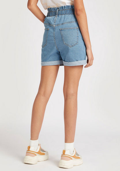 Solid High-Rise Denim Shorts with Buckle Accents