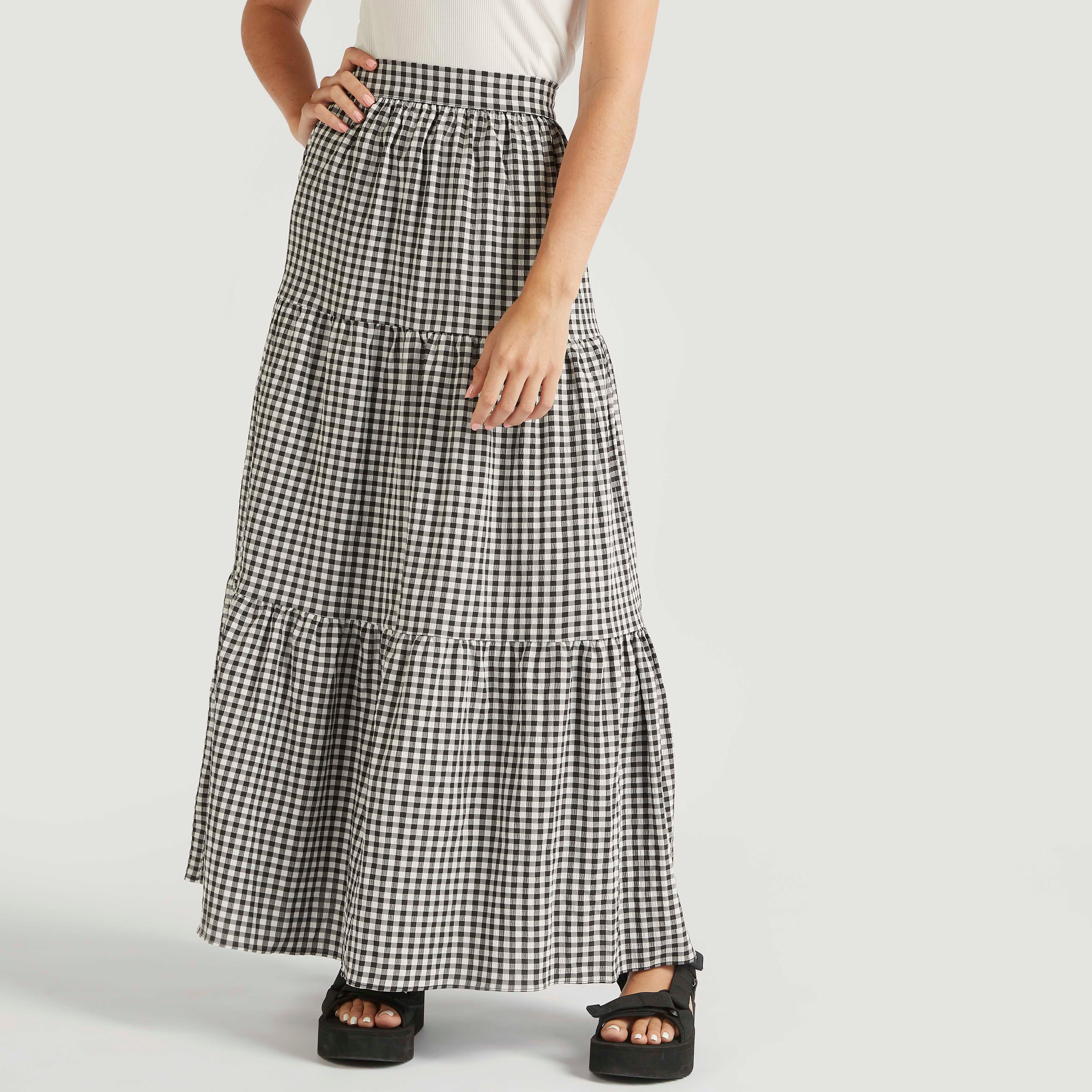 Checked A-line Tiered Maxi Skirt with Semi-Elasticated Waistband-women-clothing-skirts-image-1