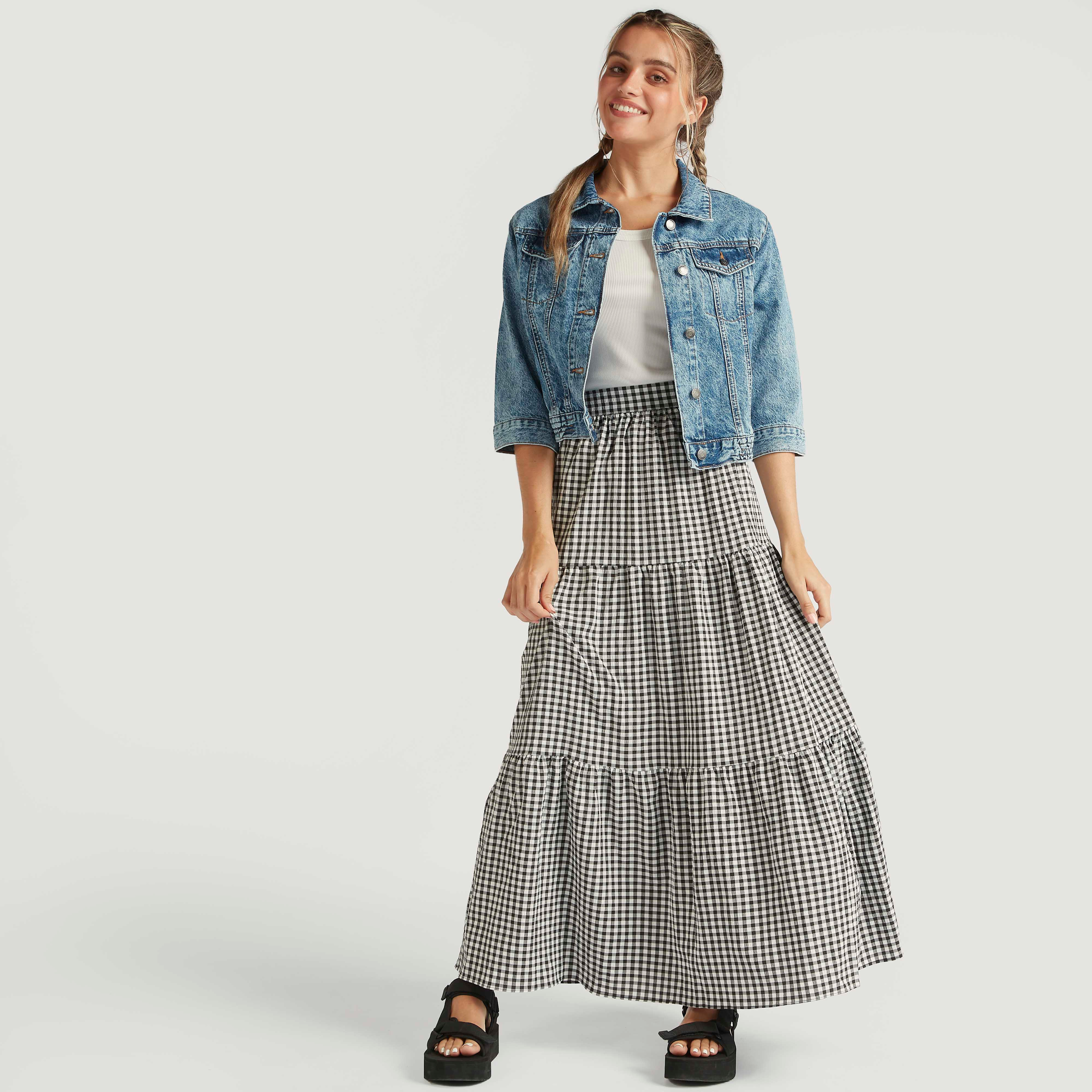 Checked A-line Tiered Maxi Skirt with Semi-Elasticated Waistband-women-clothing-skirts-image-2
