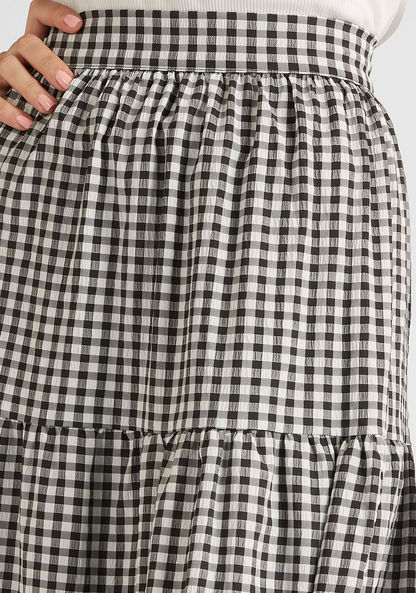 Checked A-line Tiered Maxi Skirt with Semi-Elasticated Waistband