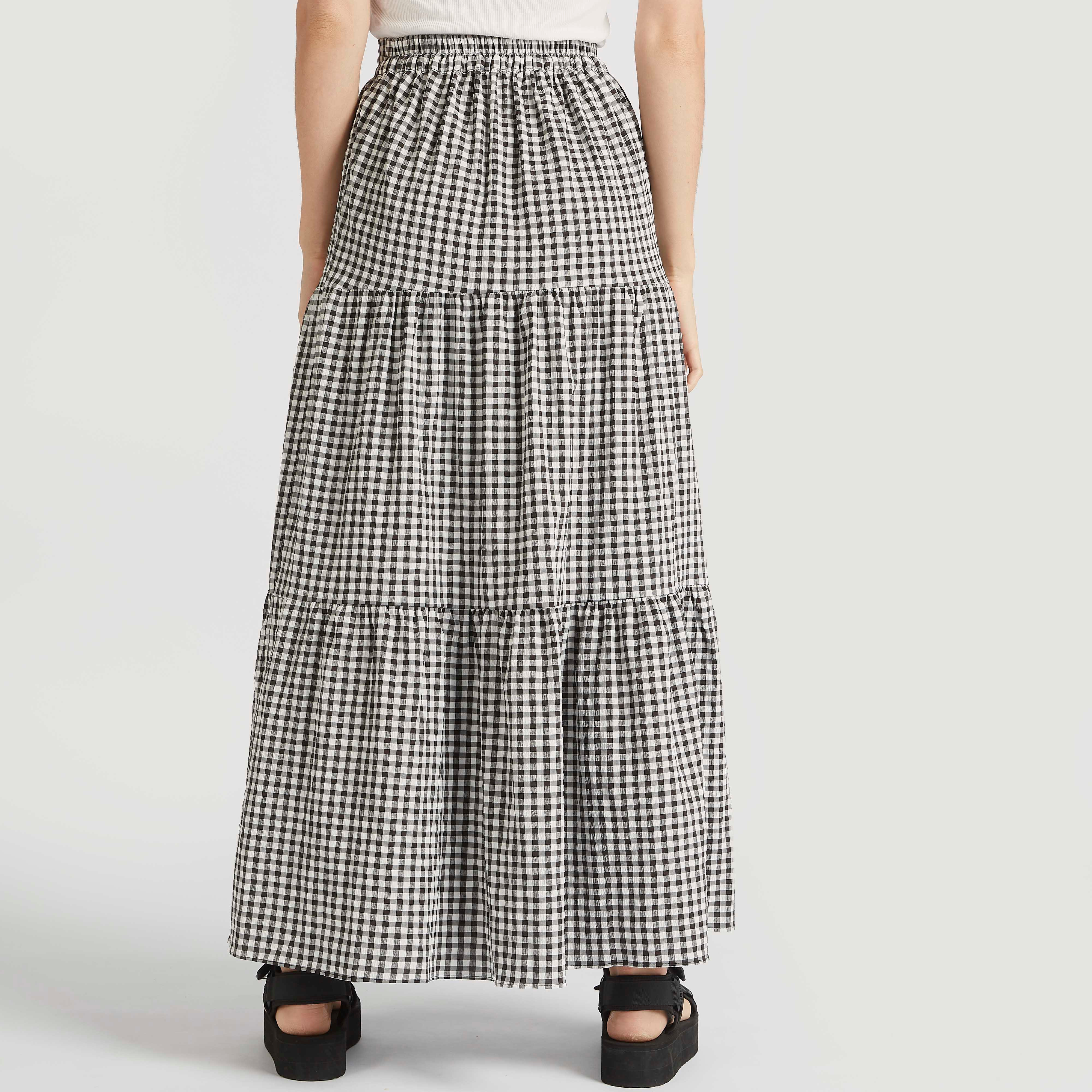 Checked A-line Tiered Maxi Skirt with Semi-Elasticated Waistband-women-clothing-skirts-image-4