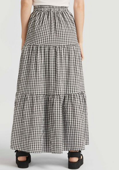 Checked A-line Tiered Maxi Skirt with Semi-Elasticated Waistband