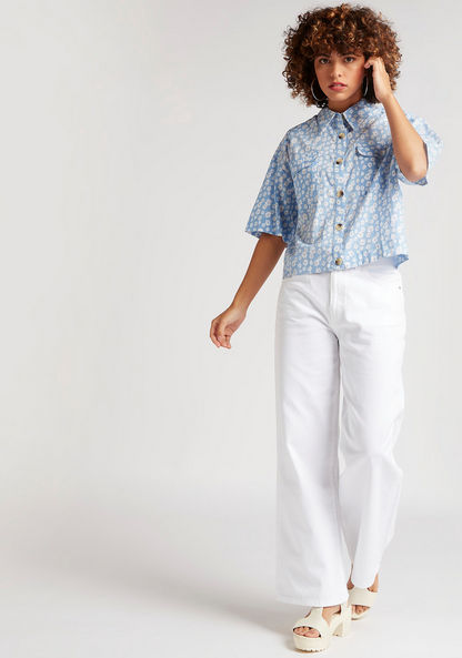 Floral Print Crop Shirt with Short Sleeves and Flap Pockets