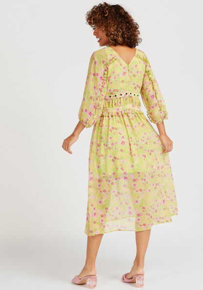 Floral Print V-neck Midi Dress with 3/4 Sleeves