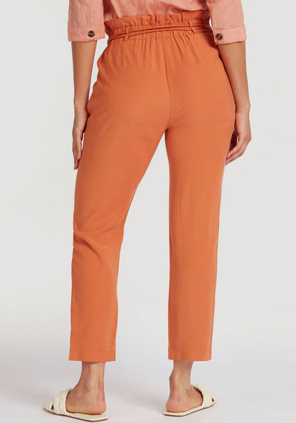 Solid High-Rise Trousers with Belt Tie-Up