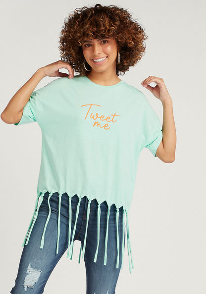 Printed Crew Neck T-shirt with Short Sleeves and Fringes