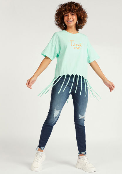 Printed Crew Neck T-shirt with Short Sleeves and Fringes