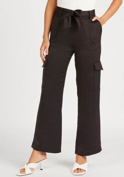 Solid High-Rise Slim Fit Trousers with Waist Tie-Ups and Flap Pockets-Pants-image-0