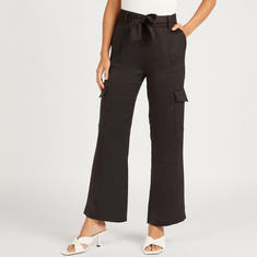 Solid High-Rise Slim Fit Trousers with Waist Tie-Ups and Flap Pockets