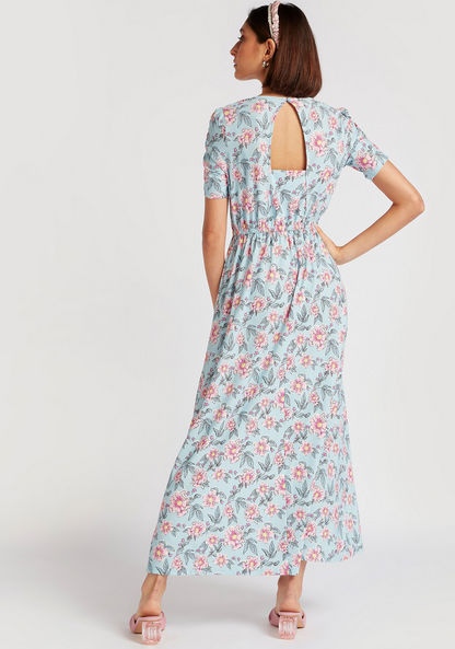 Floral Print Maxi A-line Dress with Short Sleeves