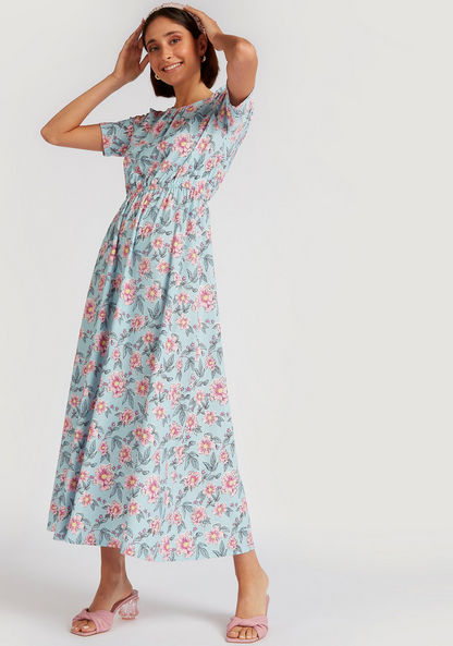 Floral Print Maxi A-line Dress with Short Sleeves