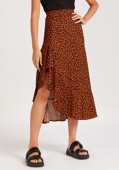 Animal Print Midi Skirt with Asymmetric Hem