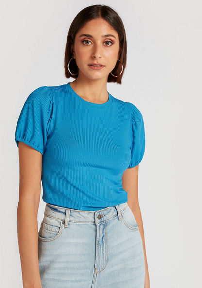 Ribbed Crew Neck T-shirt with Short Sleeves