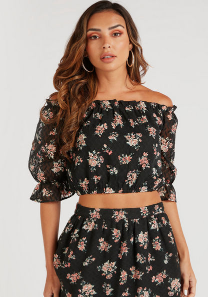 Floral Print Off Shoulder Top with Bardot Neck and 3/4 Sleeves