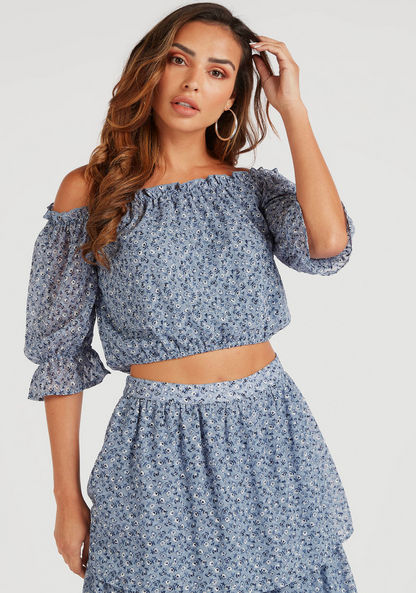 Floral Print Off Shoulder Top with Bardot Neck and 3/4 Sleeves