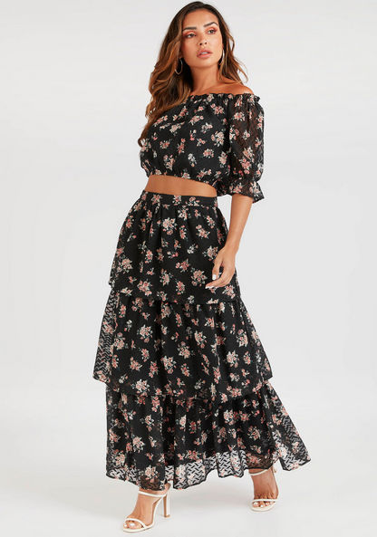 Floral Print Tiered A-line Maxi Skirt-Skirts-image-1