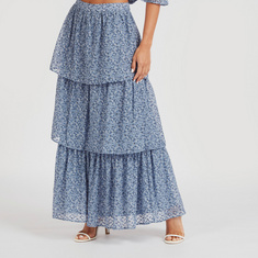 Floral Print Maxi A-line Skirt with Elasticised Waistband