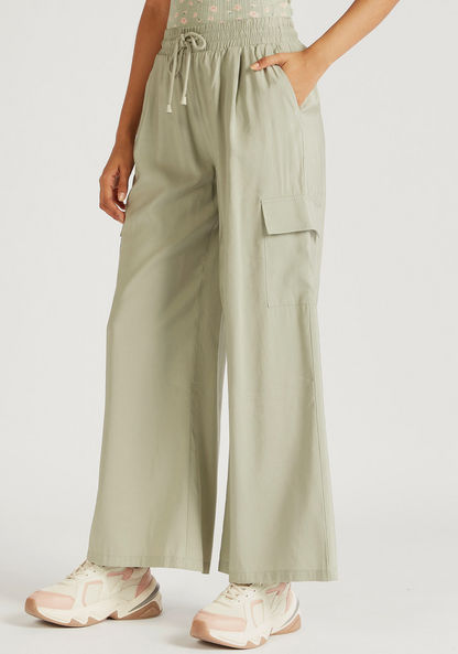 Solid High-Rise Wide Leg Pants with Pockets and Drawstring Closure