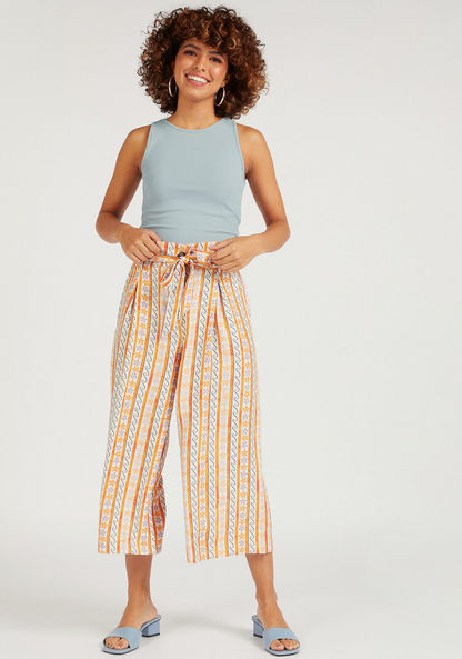 Printed High-Rise Belted Culottes with Button Accents and Pockets