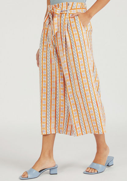 Printed High-Rise Belted Culottes with Button Accents and Pockets