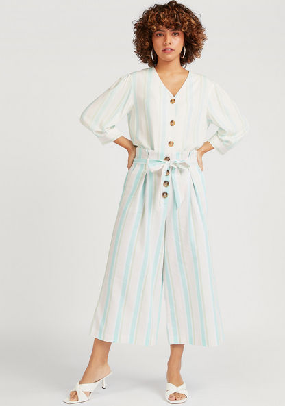 Striped Belted Culottes with Paperbag Waist and Button Accents