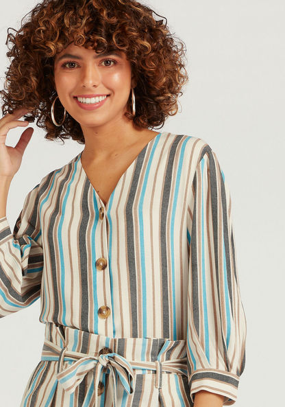 Striped Button Up Shirt with 3/4 Sleeves and V-neck-Shirts and Blouses-image-0