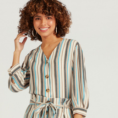Striped Button Up Shirt with 3/4 Sleeves and V-neck