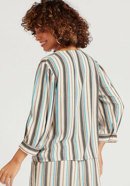 Striped Button Up Shirt with 3/4 Sleeves and V-neck-Shirts and Blouses-image-3