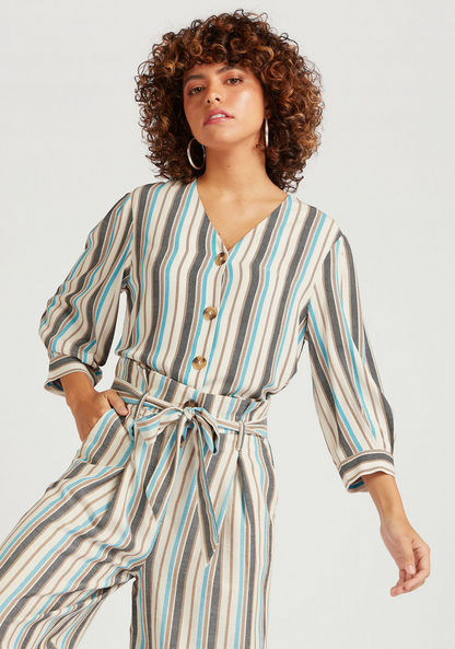 Striped Button Up Shirt with 3/4 Sleeves and V-neck-Shirts and Blouses-image-4