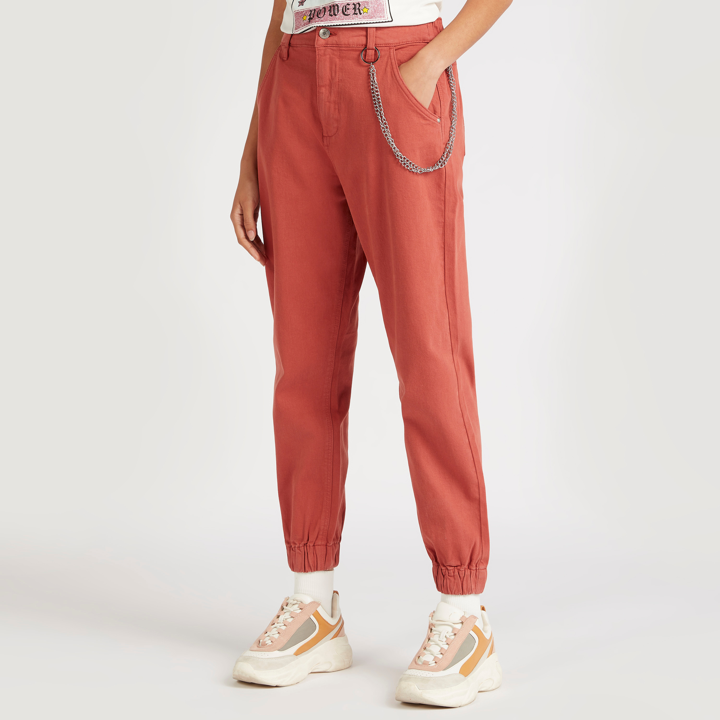 Buy Solid High Rise Denim Joggers with Chain Accent Splash UAE