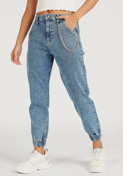 Solid High-Rise Denim Joggers with Chain Accent