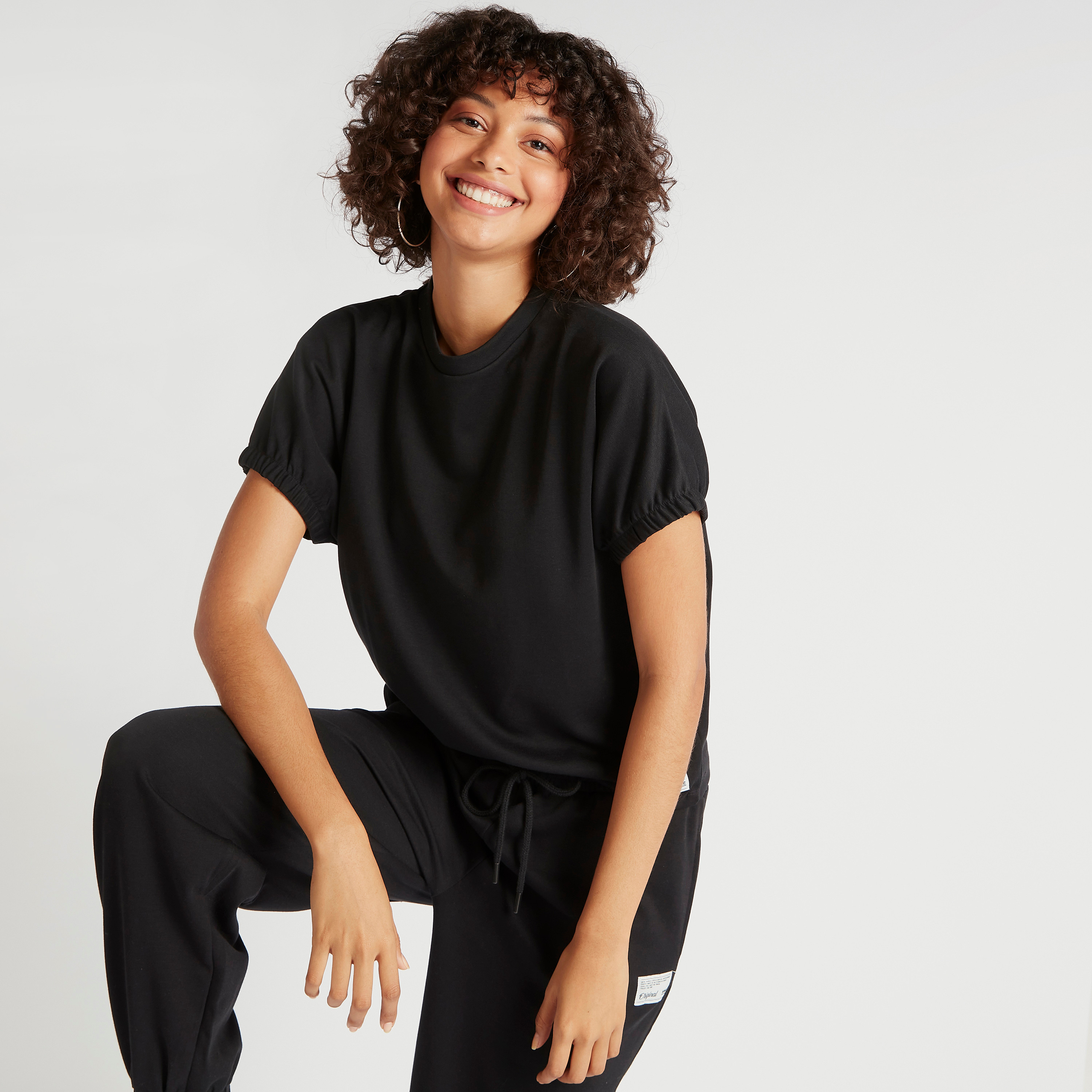 Solid Crew Neck T-shirt with Elasticated Sleeve Hems-women-clothing-tshirts-image-1