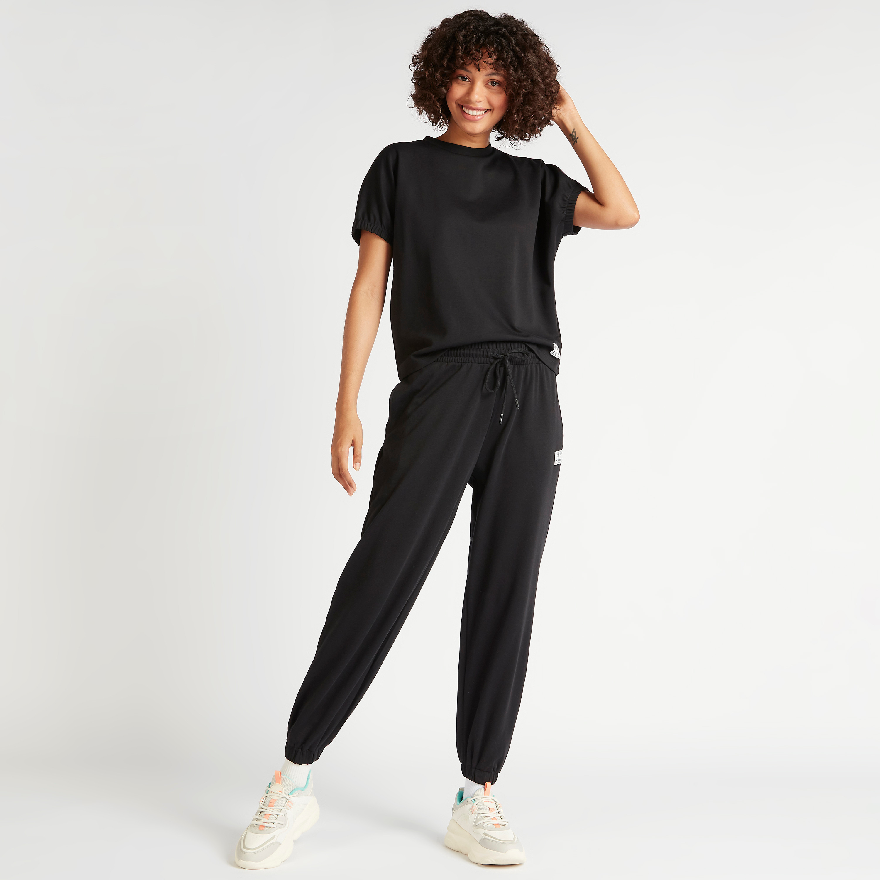 Solid Crew Neck T-shirt with Elasticated Sleeve Hems-women-clothing-tshirts-image-2